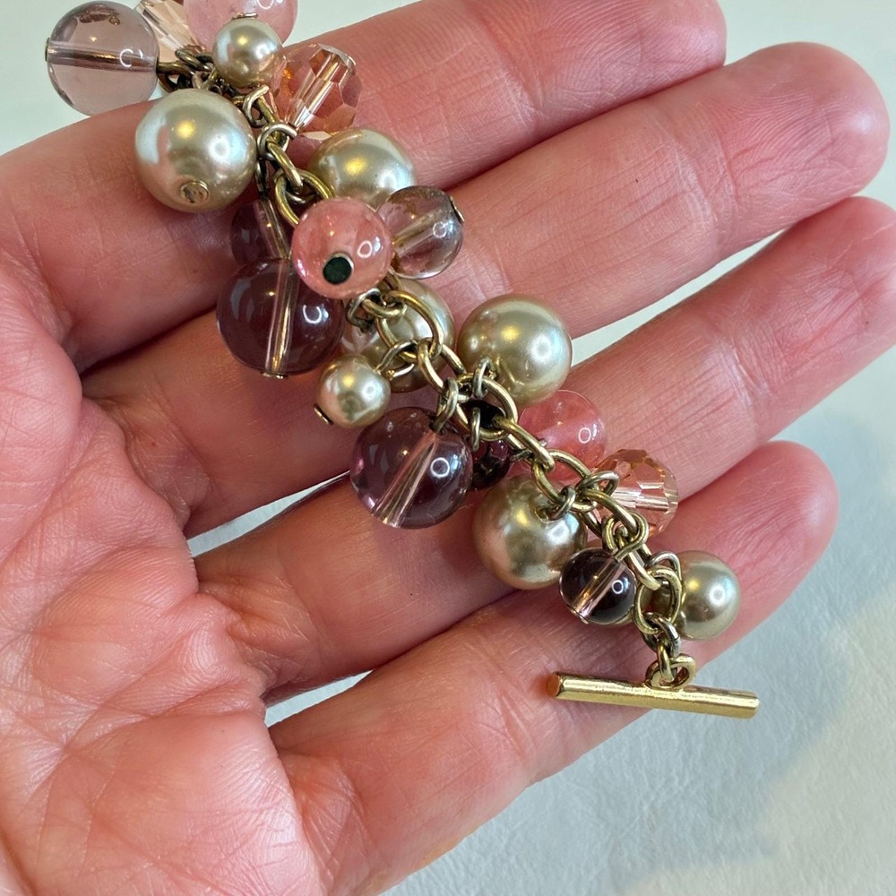 Vintage Carolee Bracelet‎ Gold Tone Faux Pearl Glass Bead Rhinestone Charm Pink